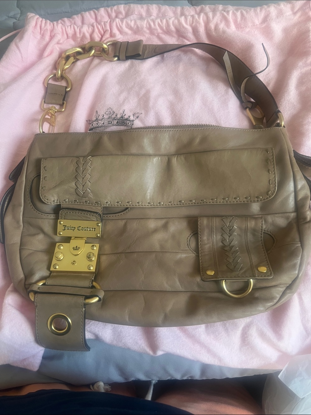 Juicy Couture Taupe Brown Leather Shoulder Bag with Gold Hardware
